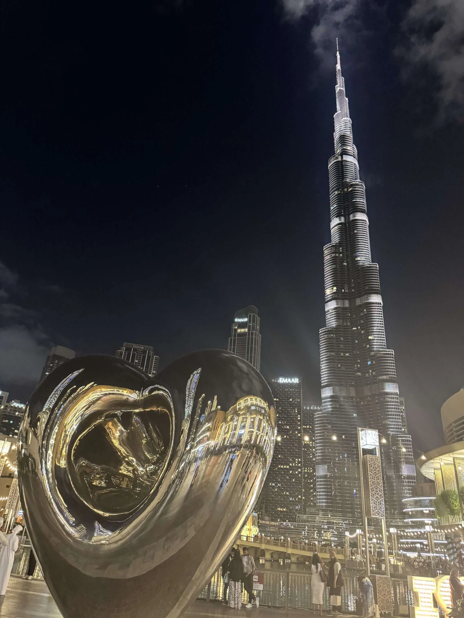 Burj Khalifa at night with sculpture