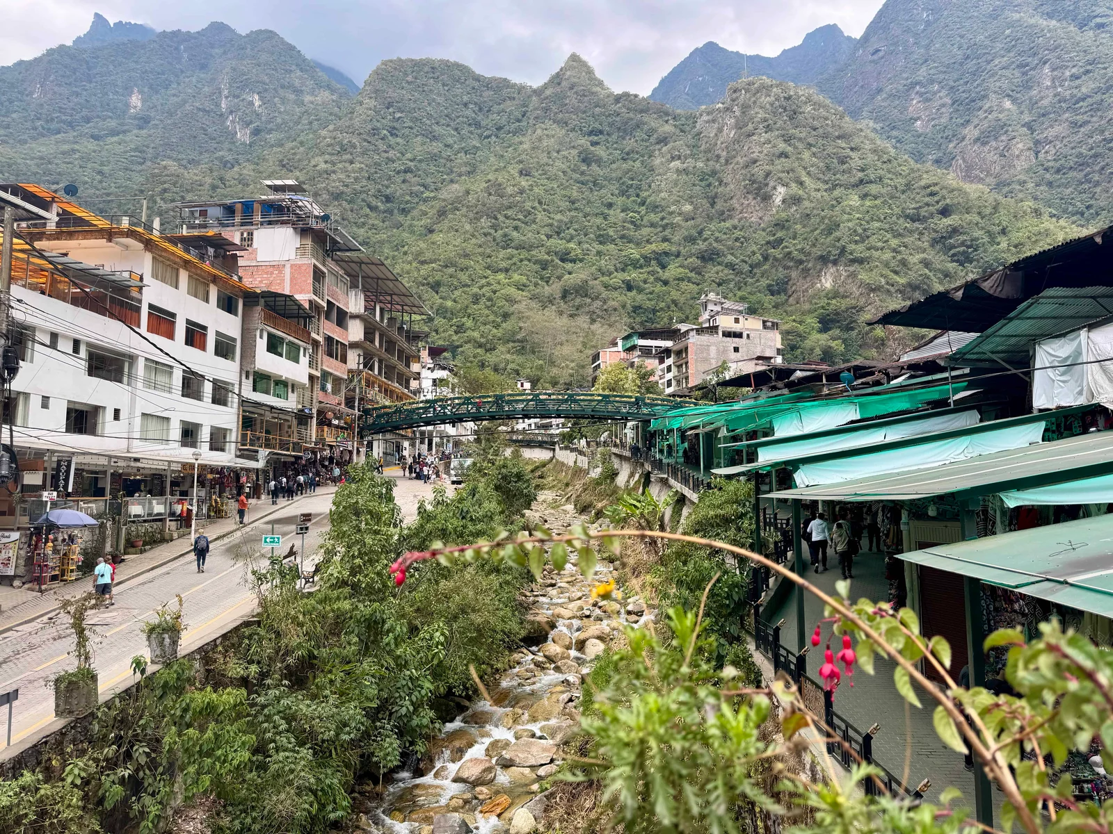 Mountain village with river walkway