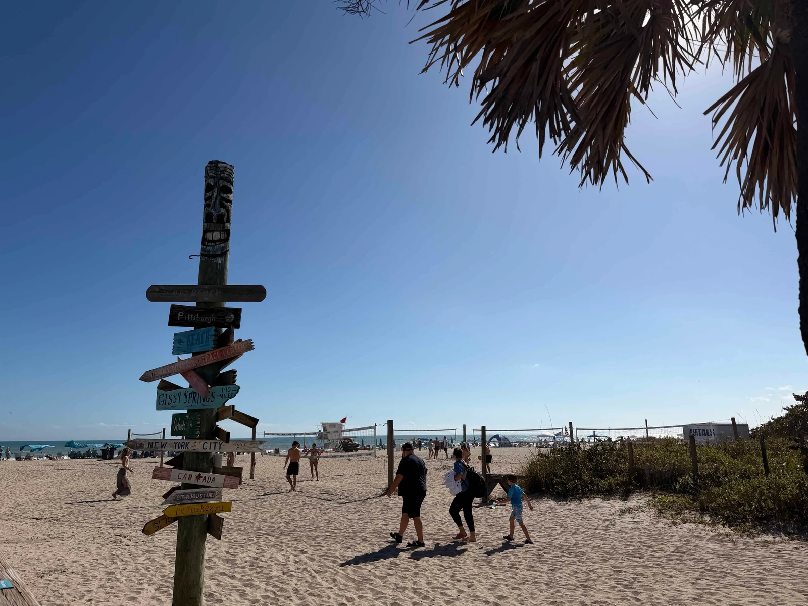 Beach with directional signpost