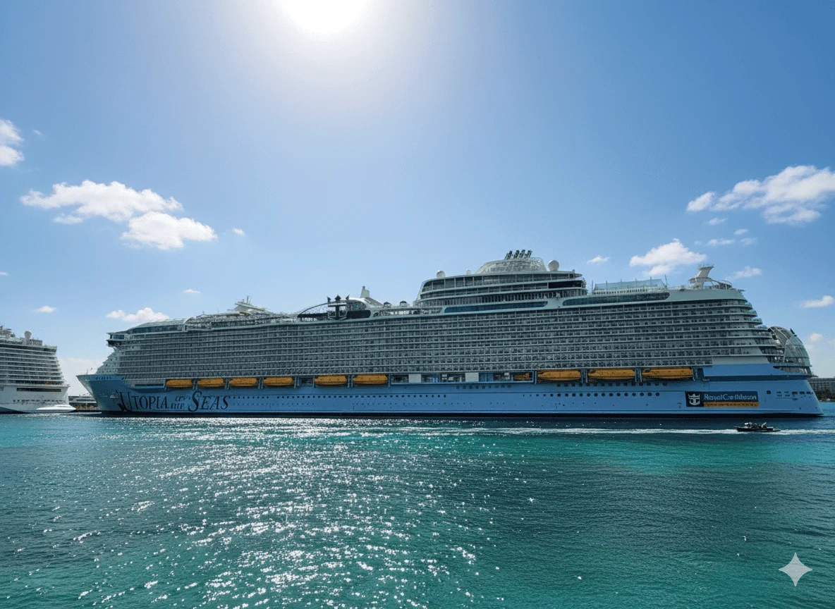 The Royal Caribbean cruise ship Utopia of the Seas sits in calm turquoise water under a bright blue sky.