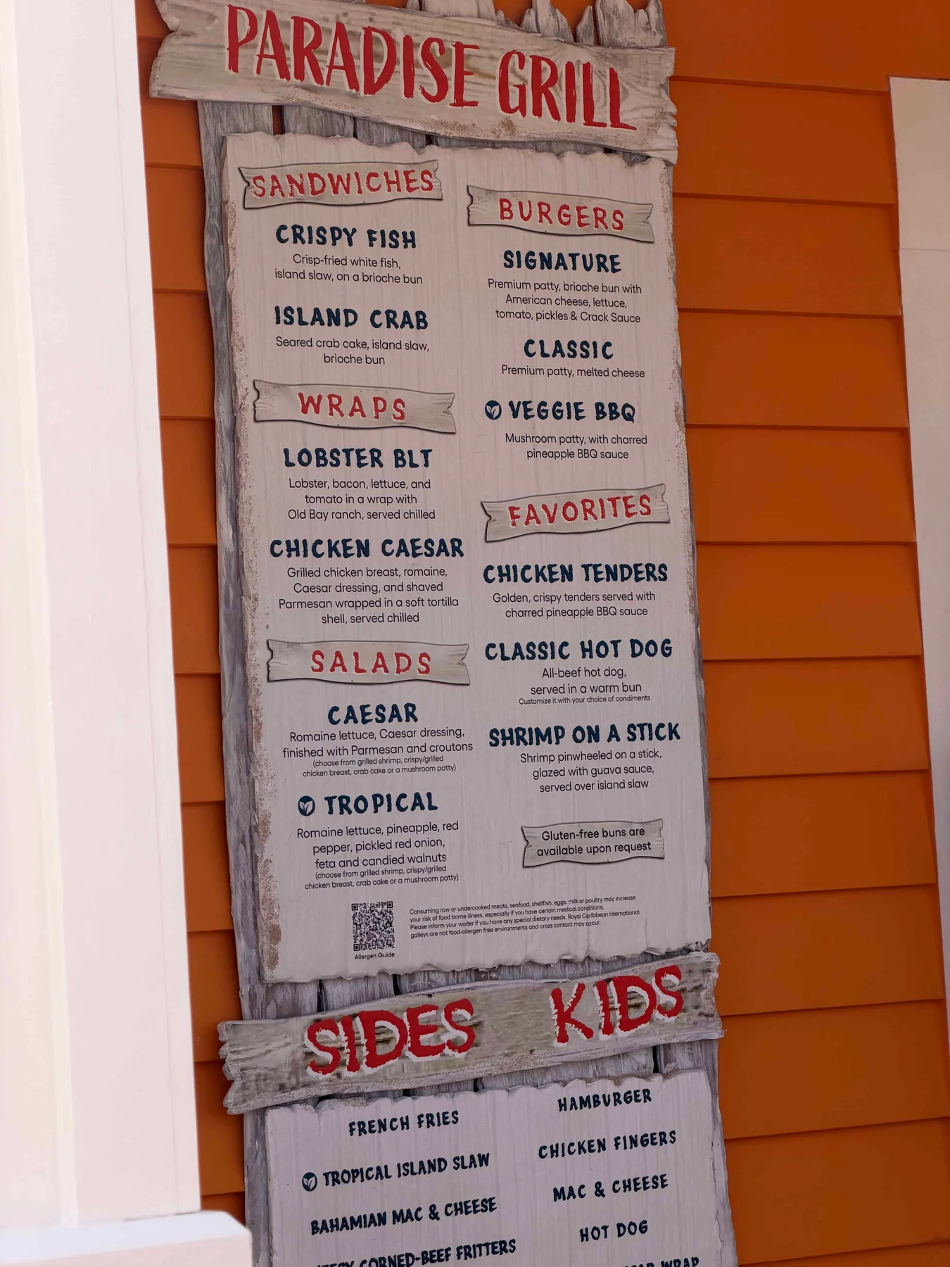 Restaurant menu with seafood options