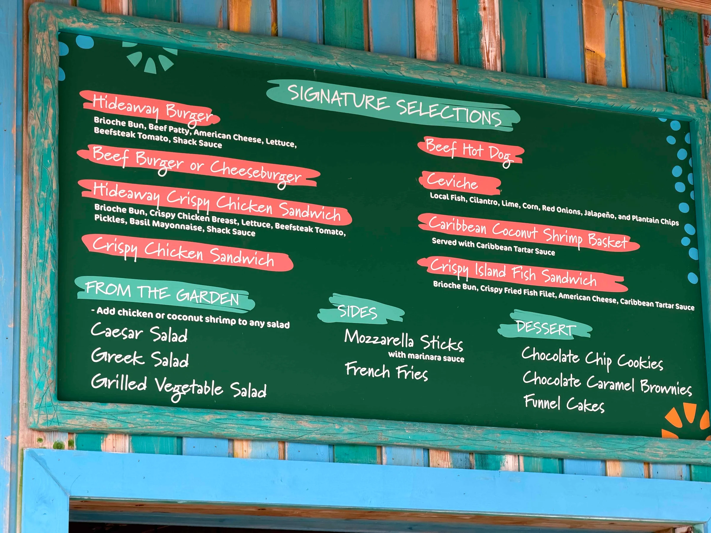 Beachside restaurant menu board