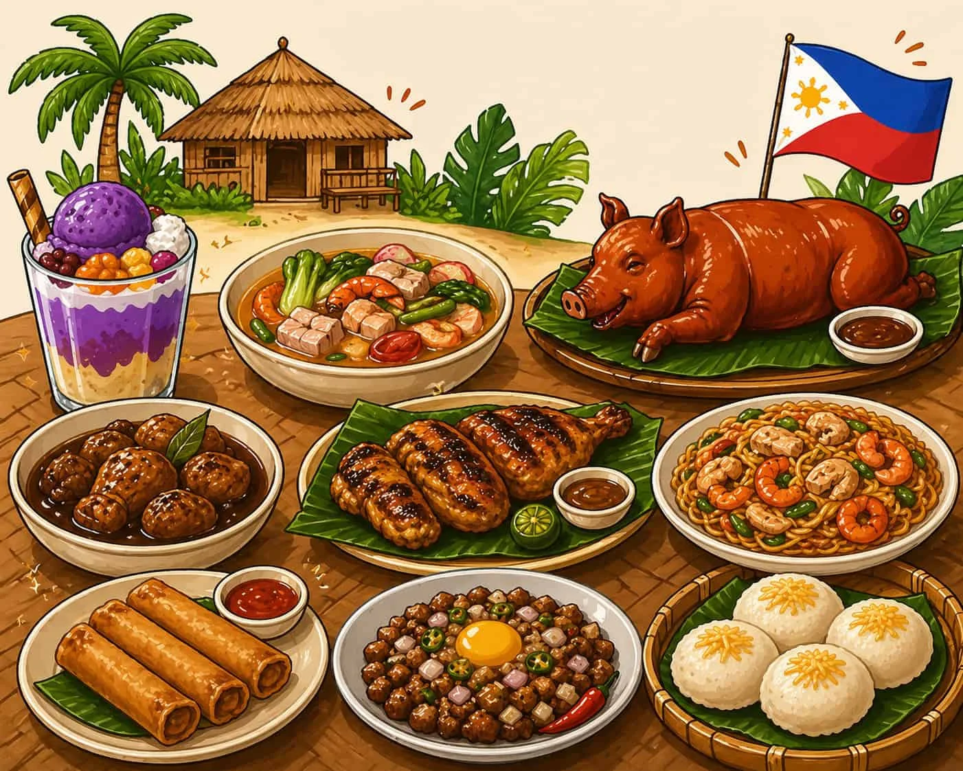 Filipino feast with traditional dishes