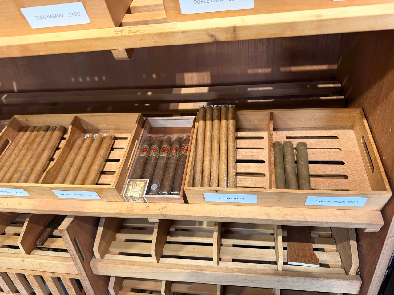 Cigar display in wooden humidor