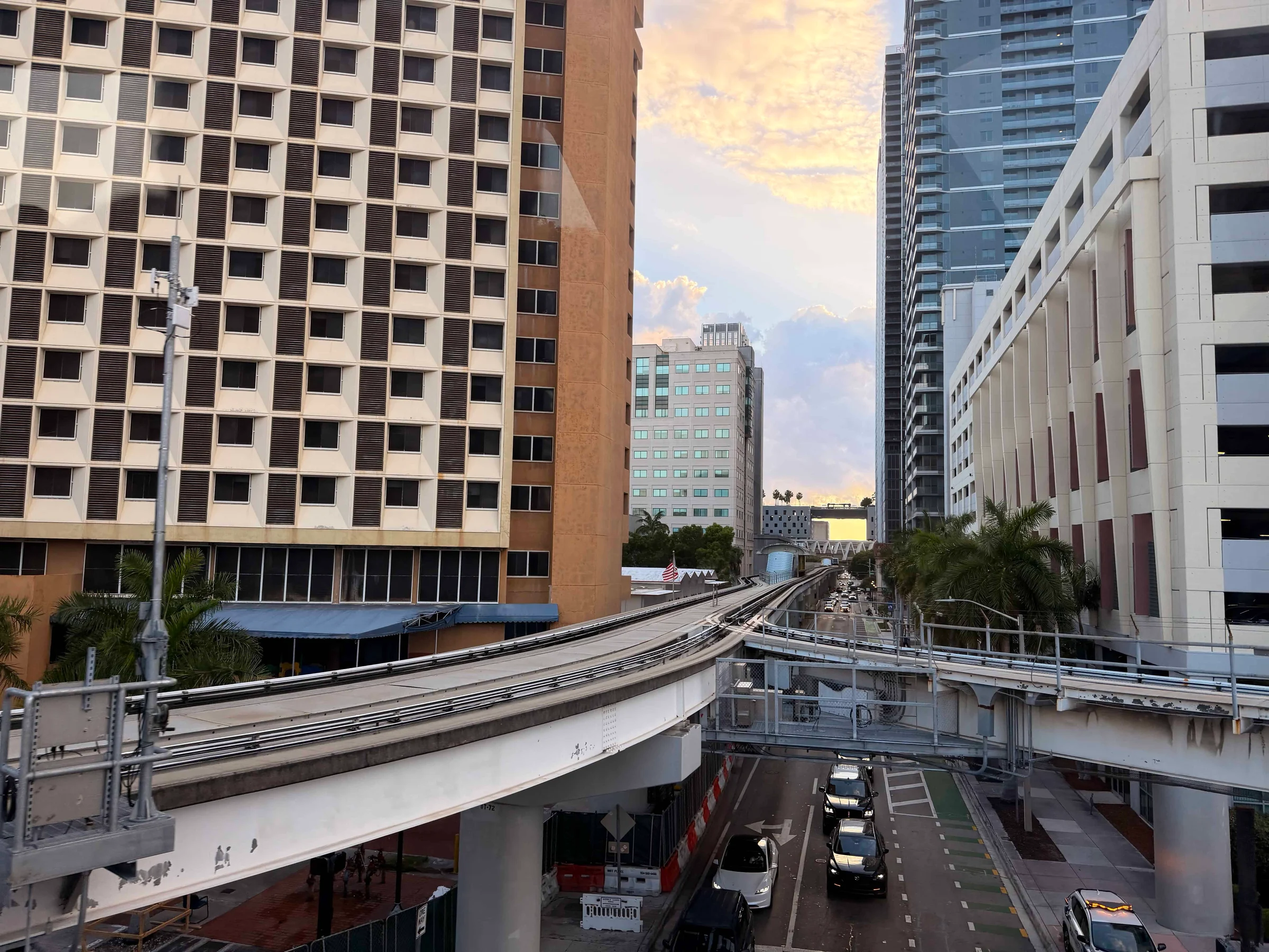 Elevated train tracks over city street