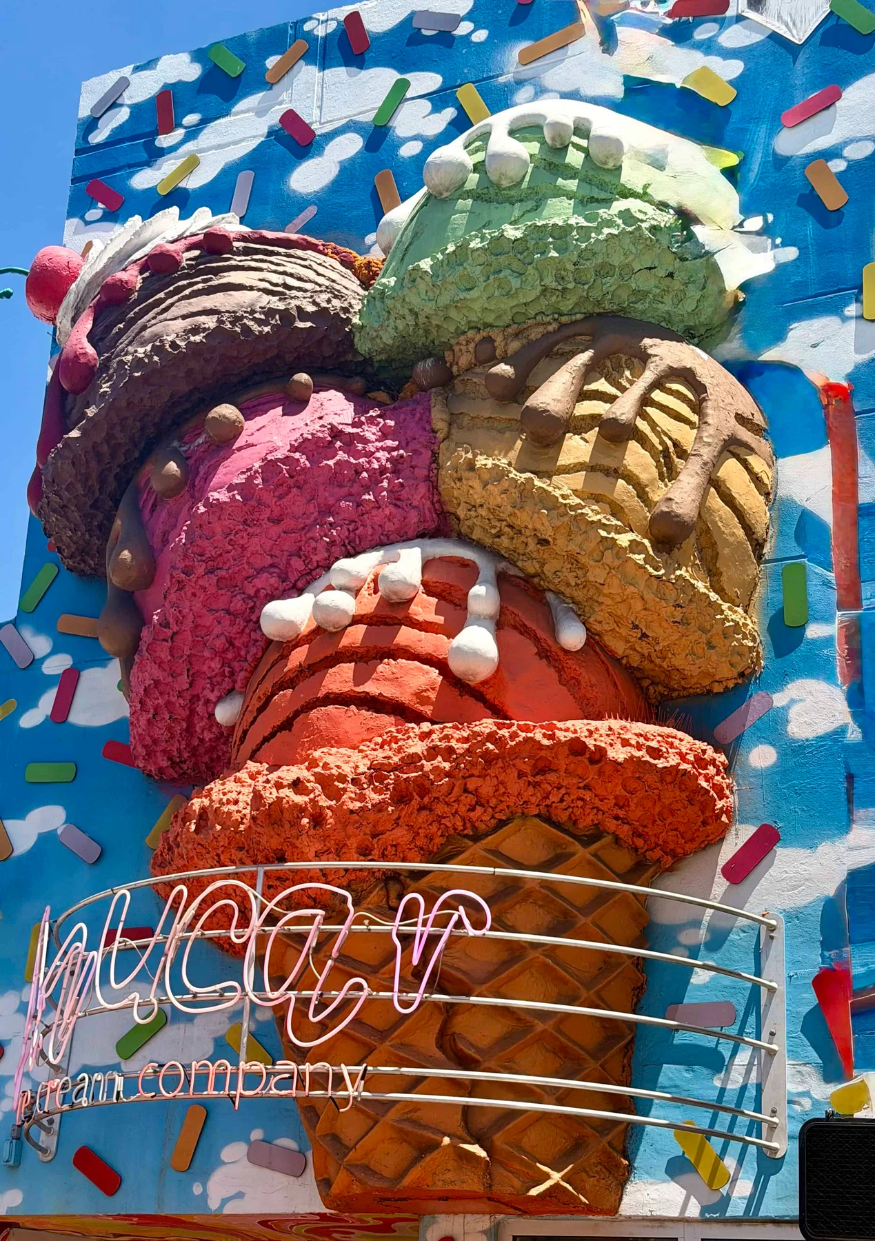 Giant colourful ice cream cone sculpture