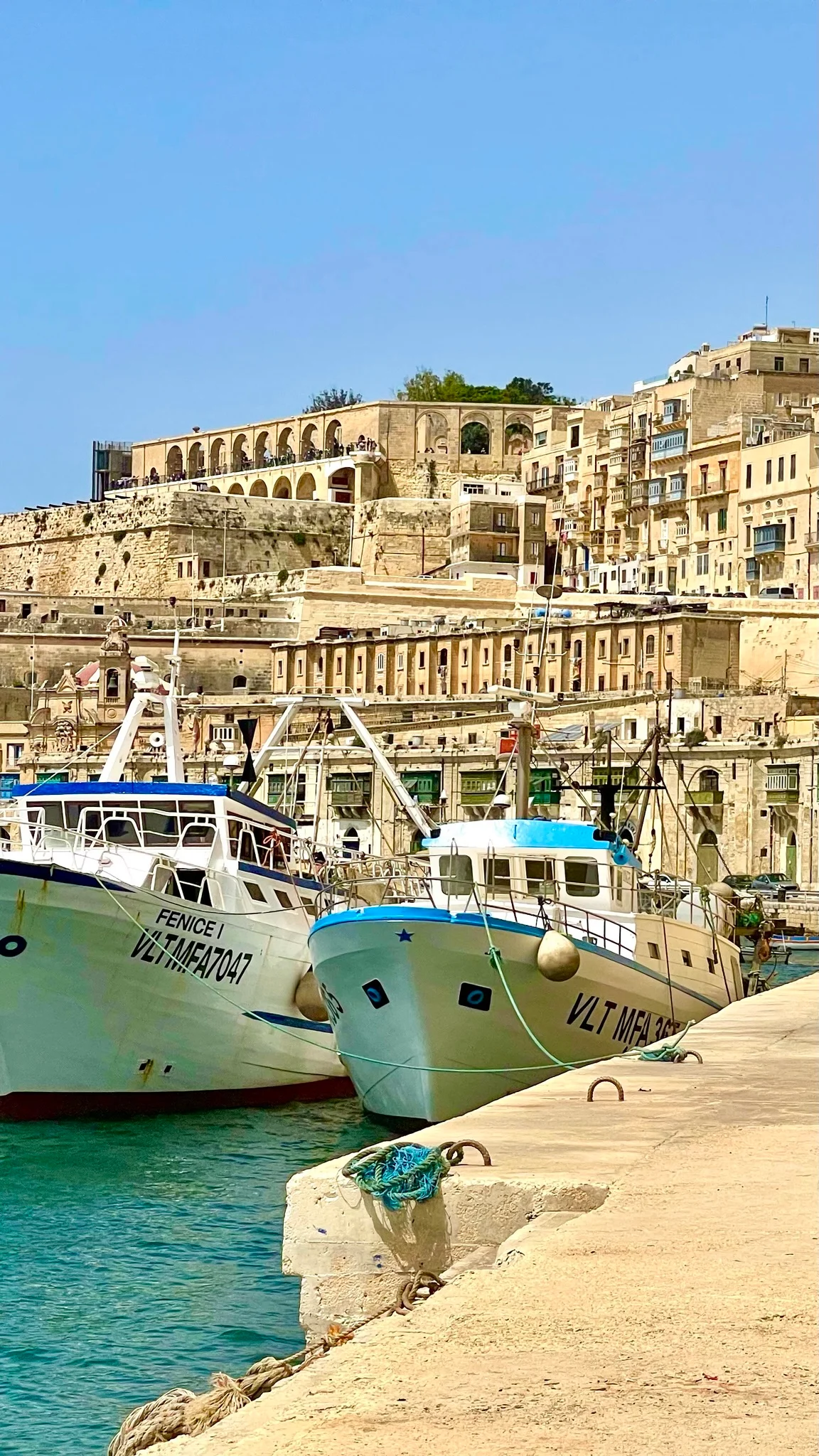 Two white fishing boats named Fenice I moored at a sunny harbour quayside below a hillside of pale stone buildings.