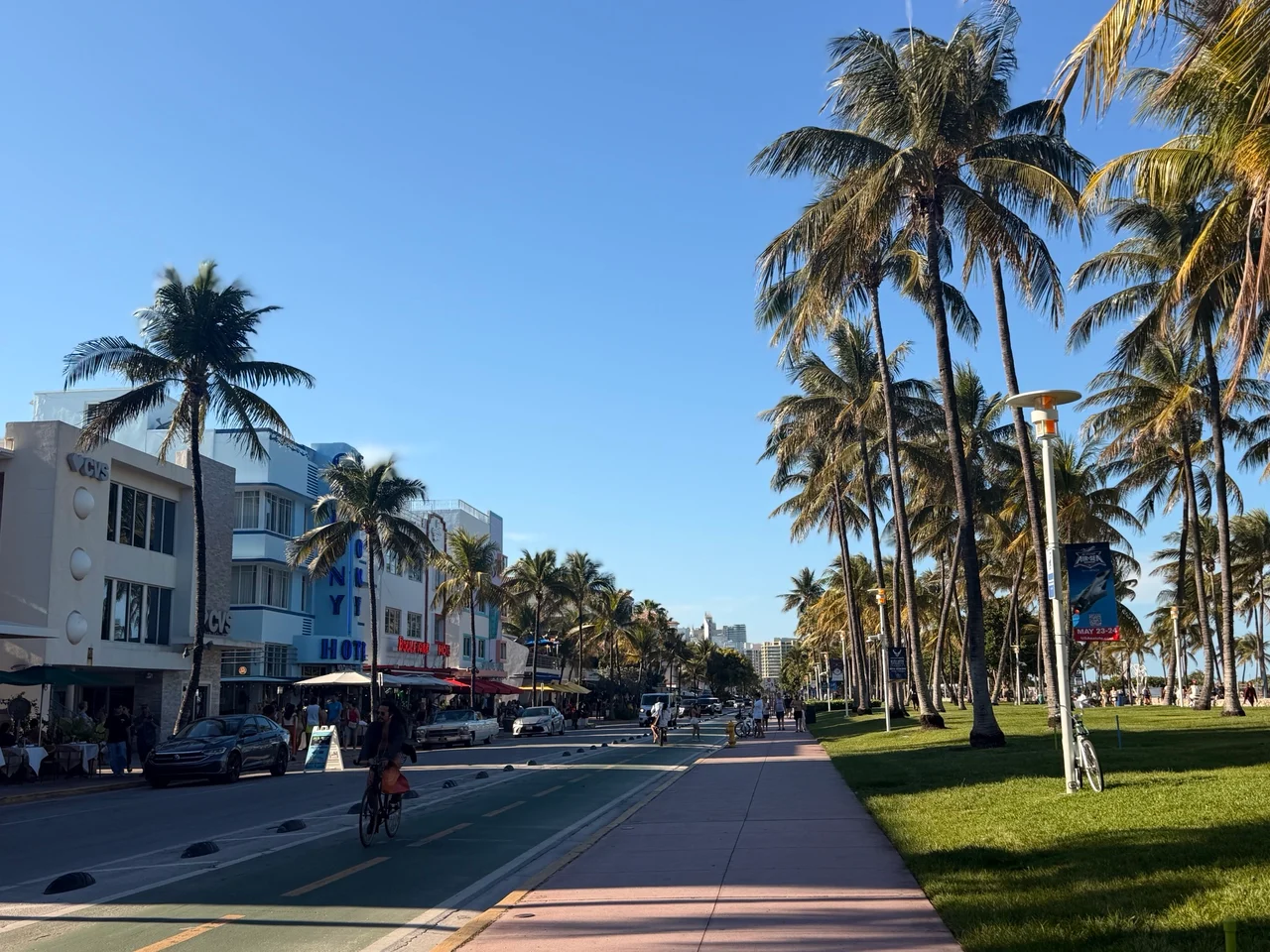 A sunny street lined with tall palm trees, Art Deco hotels and a pink pavement running alongside a green park.