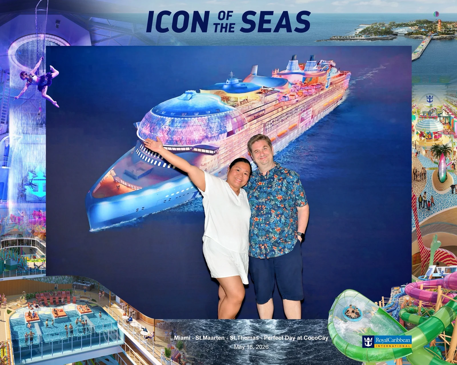 Two smiling people pose in front of a large promotional backdrop for the cruise ship Icon of the Seas.