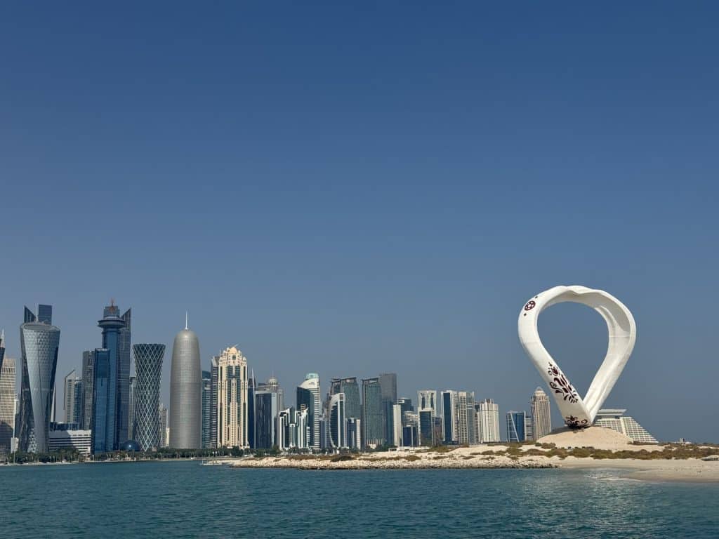 Modern skyline with distinctive sculpture