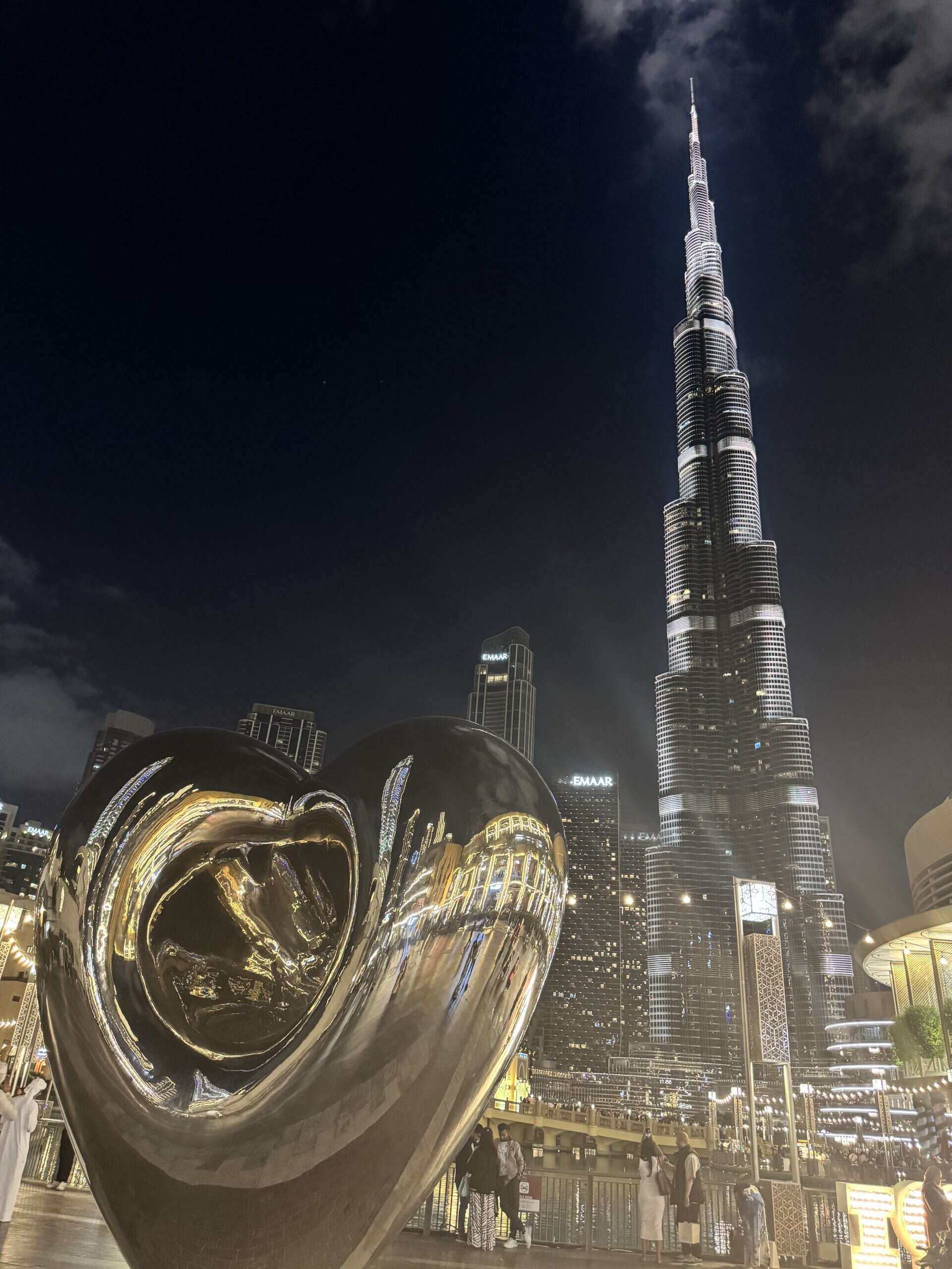 Burj Khalifa at night with sculpture