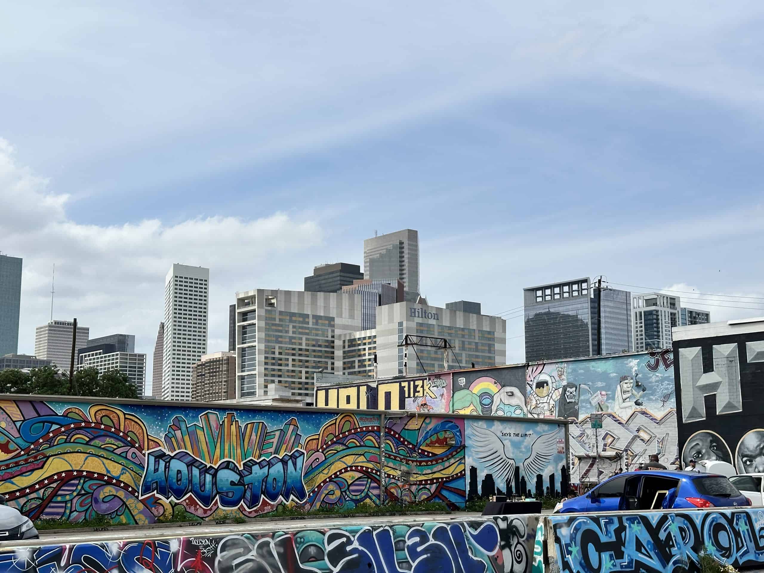 Houston skyline with graffiti wall