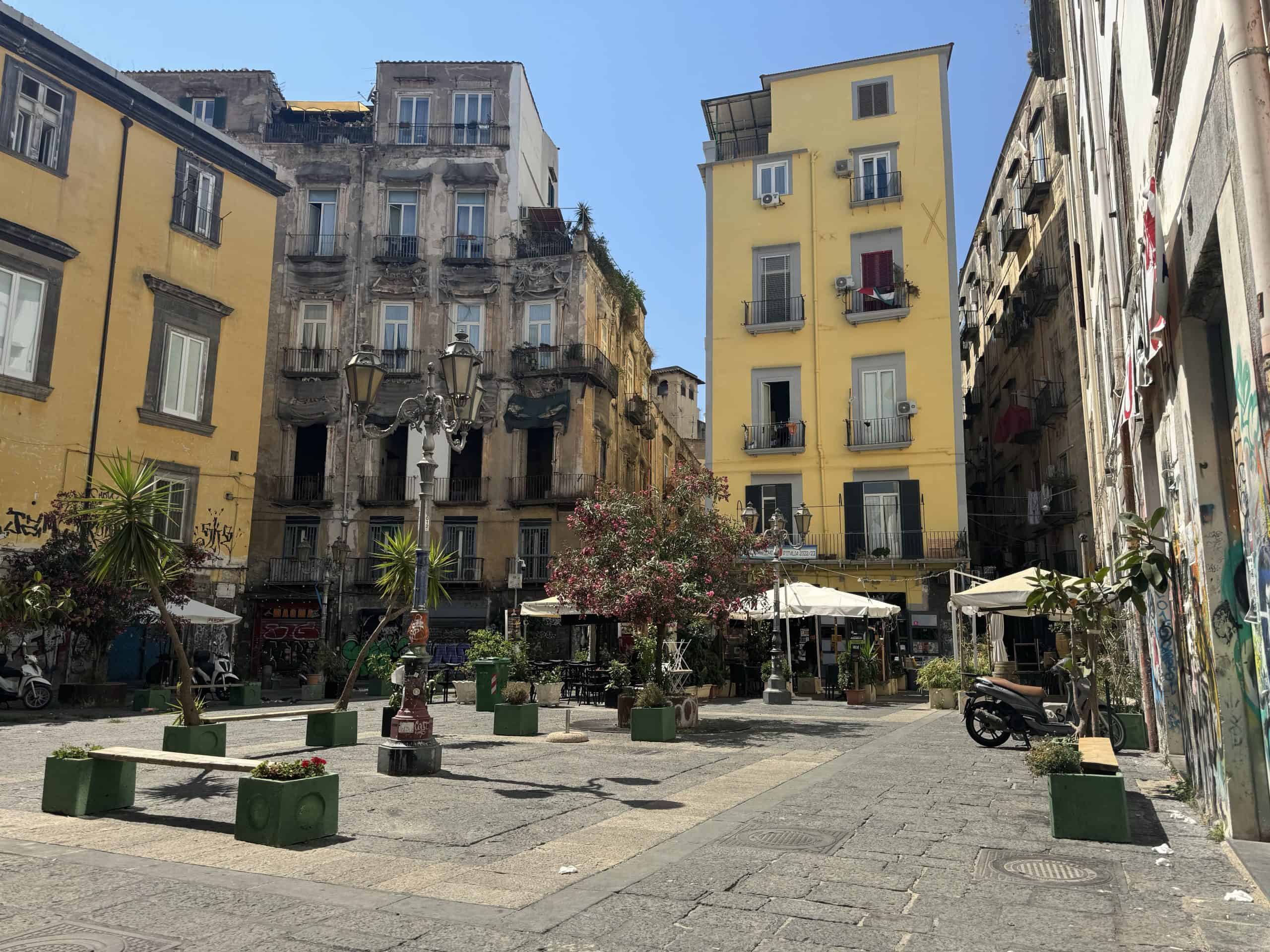 Colourful buildings in a plaza