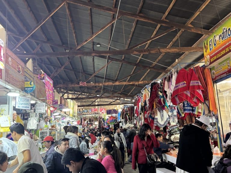 Busy indoor market with clothing