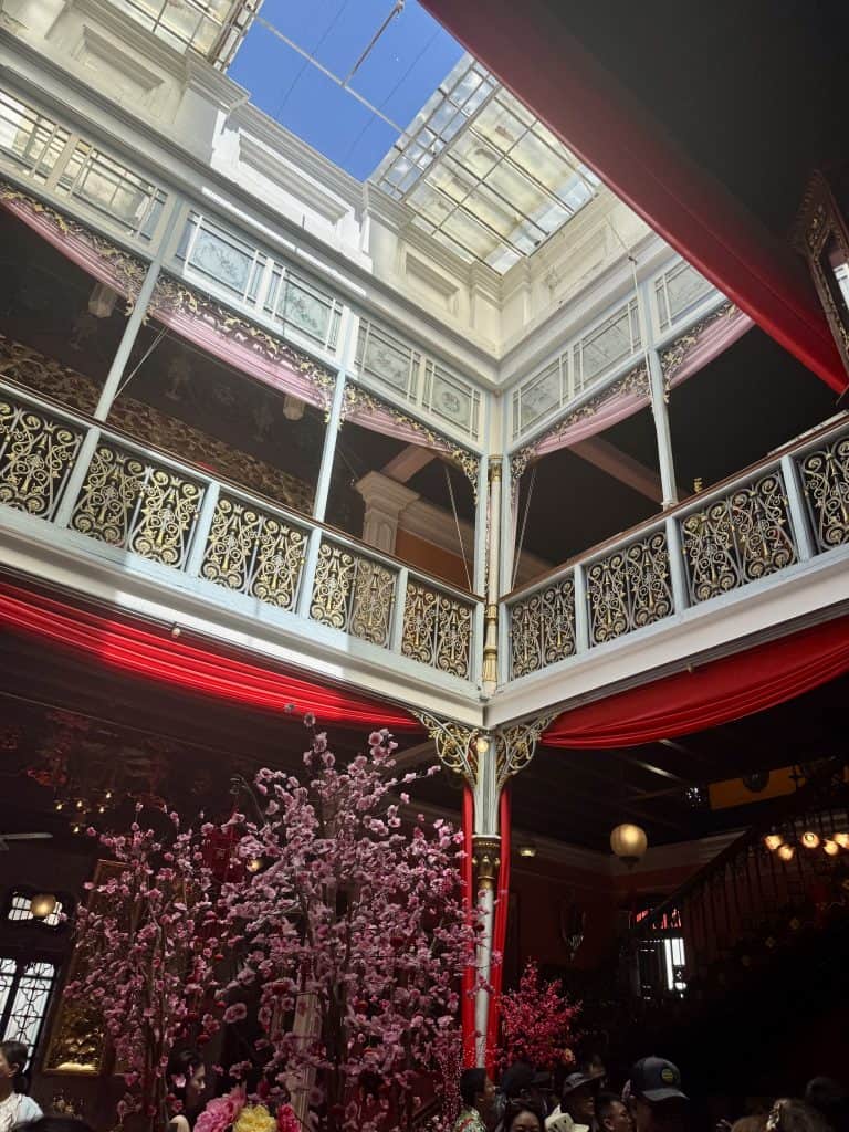 Ornate atrium with cherry blossoms