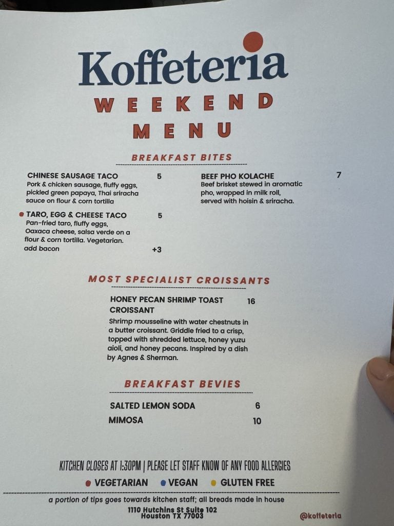 Koffeteria weekend menu with prices