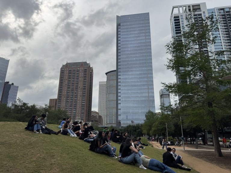 People sitting on grassy hill