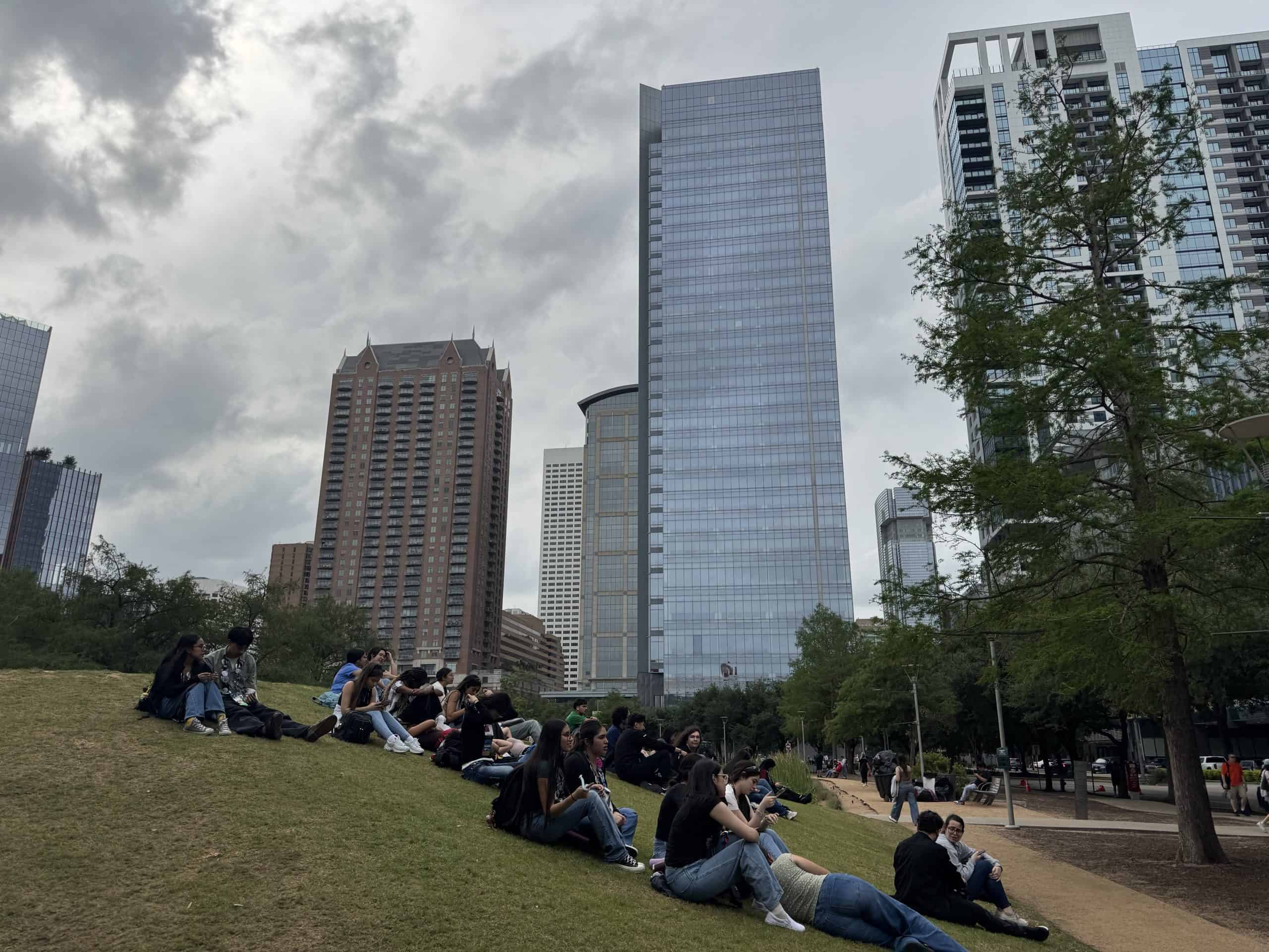 People sitting on grassy hill