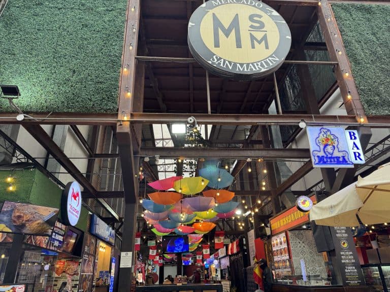 Colourful umbrellas hanging in market