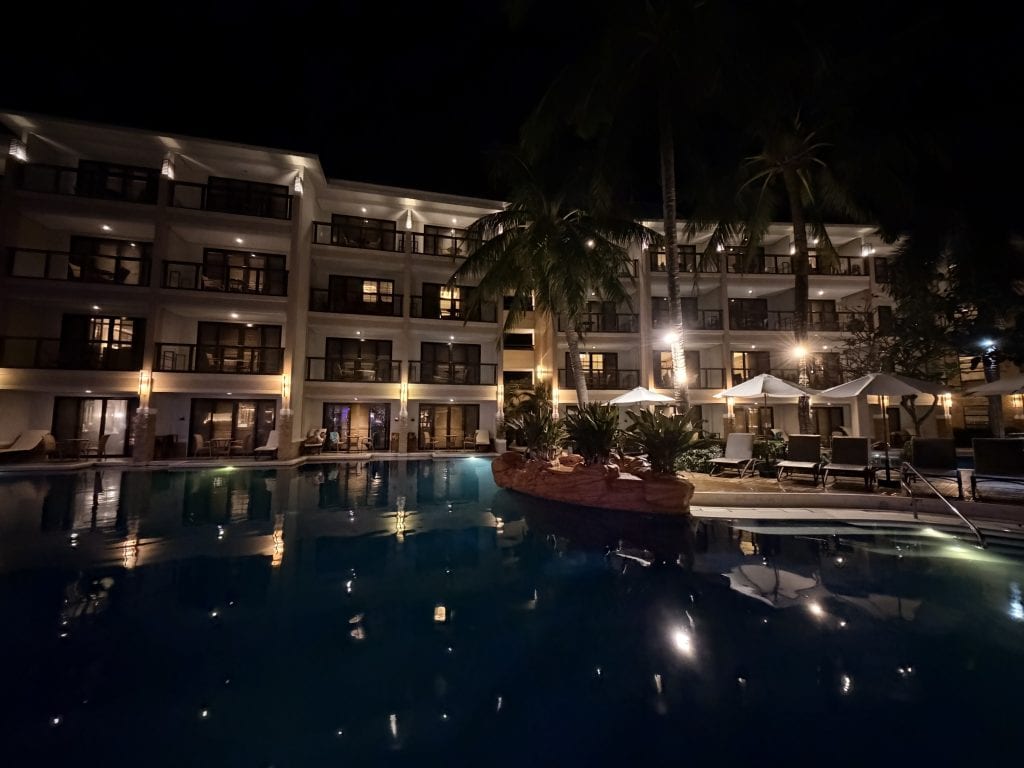 Hotel pool with lounge chairs