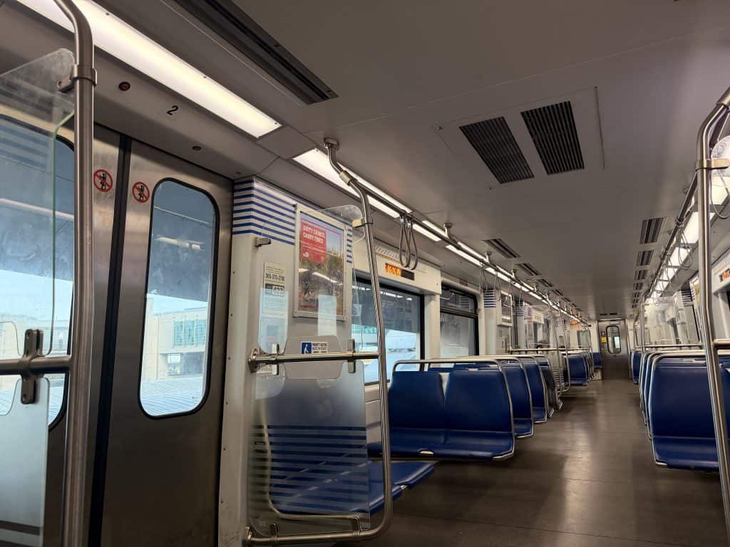 Empty blue seats on train