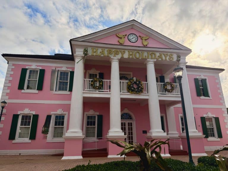 Pink building with holiday decorations