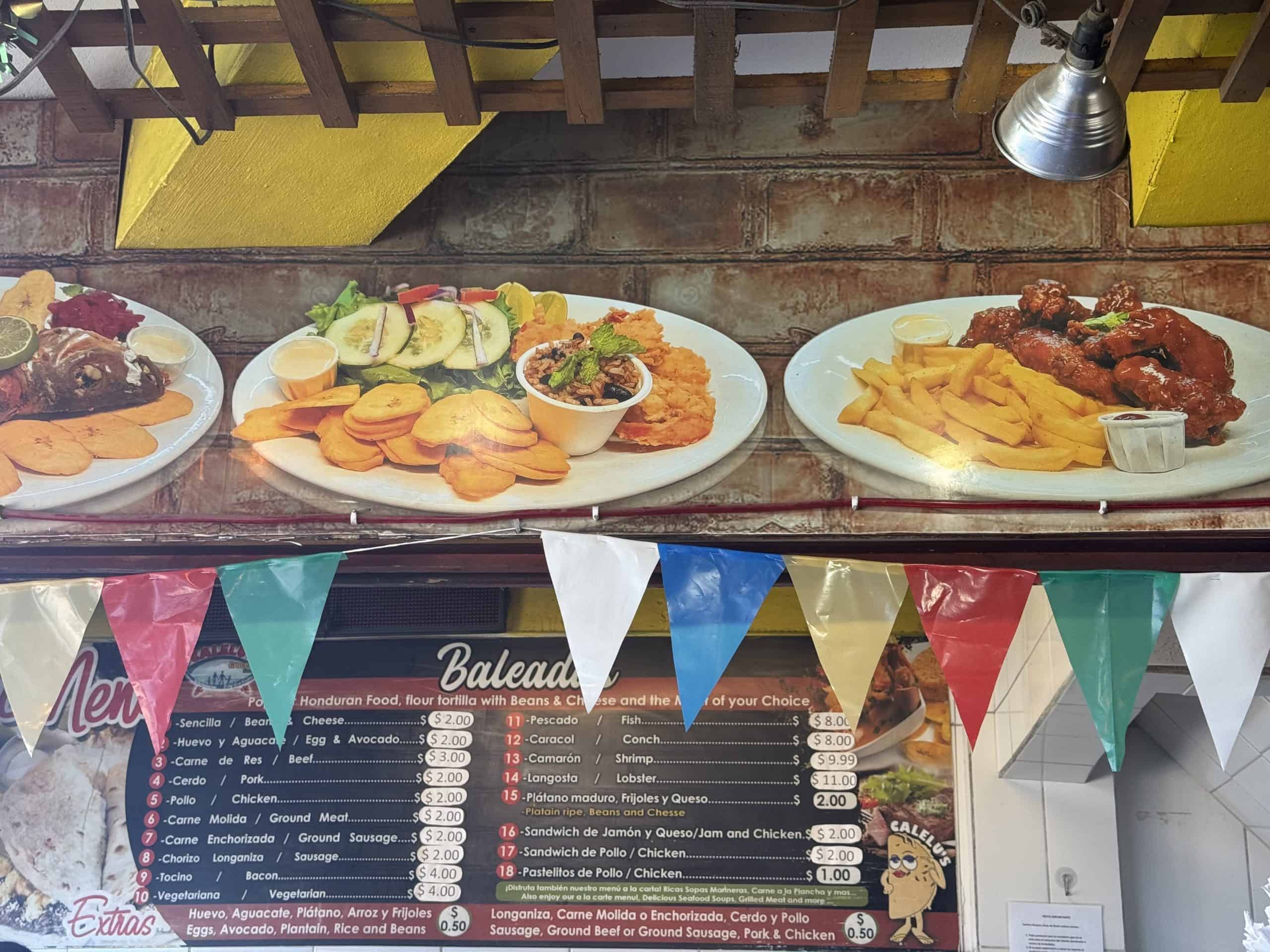 Honduran food menu with dishes