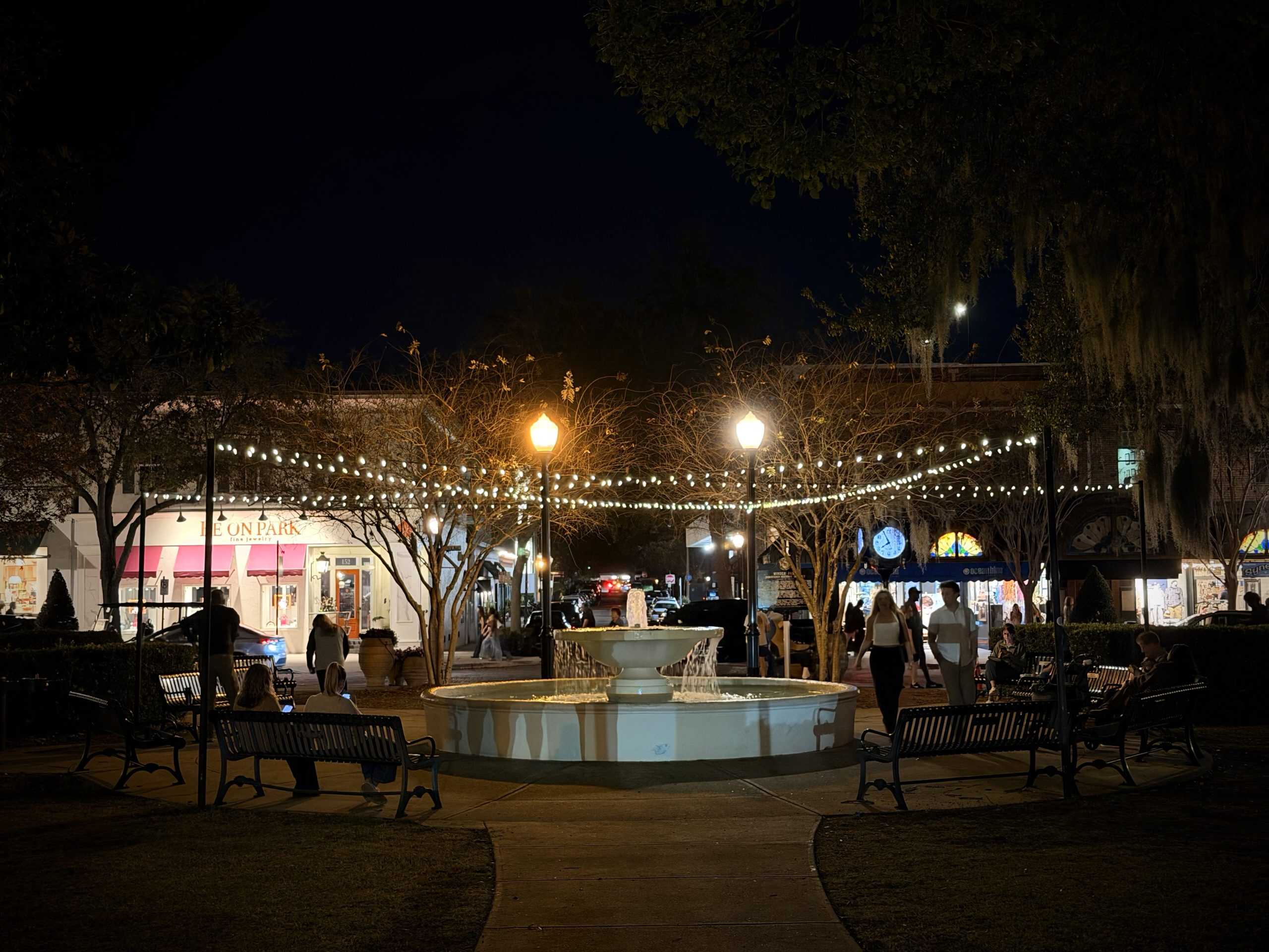 Nighttime park with lit fountain