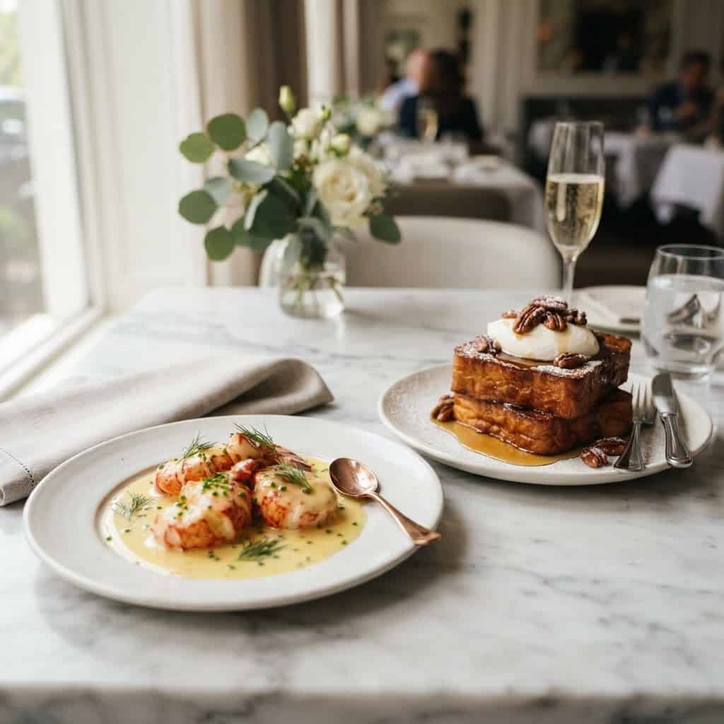 A high-end editorial food photography shot capturing a luxurious brunch spread on a marble table. On one side, elegant lobster medallions arranged neatly on a white ceramic plate, glistening with a rich lemon beurre blanc sauce pooling around them, garnished with a small sprig of fresh herbs. Beside it, a plate of thick-cut golden French toast, stacked high, drizzled with maple syrup, topped with a generous dollop of Chantilly cream and scattered caramelised pecans, with a light dusting of powdered sugar. Soft natural window light streams in from the side, creating warm highlights on the buttery sauce and glossy syrup. Shallow depth of field, professional restaurant photography style, rich warm tones, shot from a 45-degree angle, magazine-quality composition with elegant table linens and a blurred background suggesting a sophisticated dining setting.