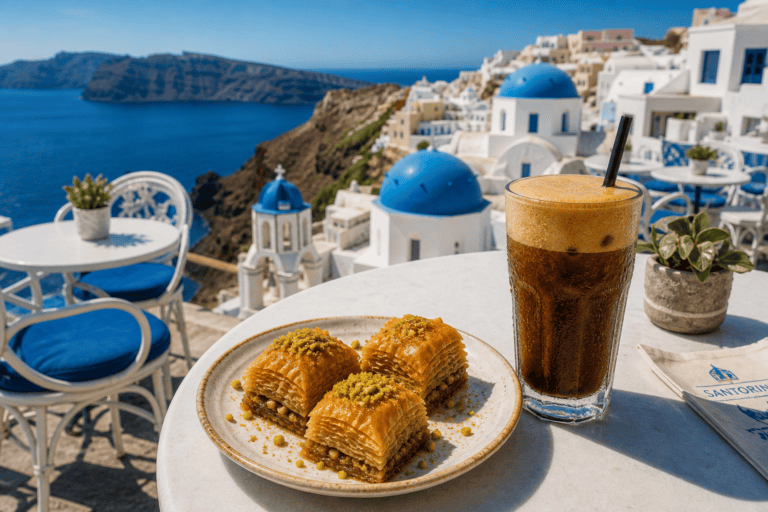 Baklava and iced coffee on a table overlooking Santorini's blue-domed churches and caldera sea view