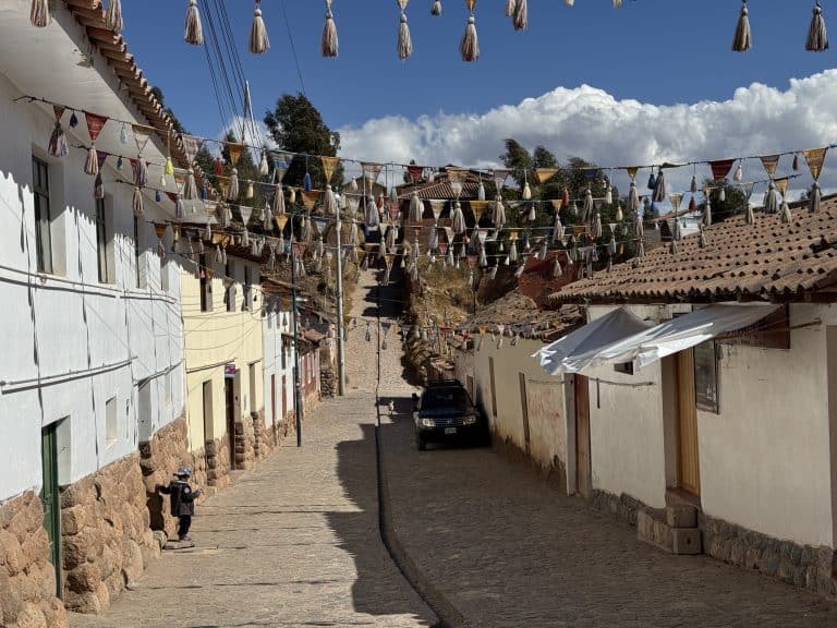 Cobblestone street with colourful flags