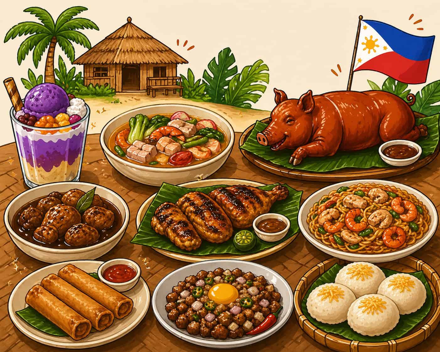Filipino feast with traditional dishes