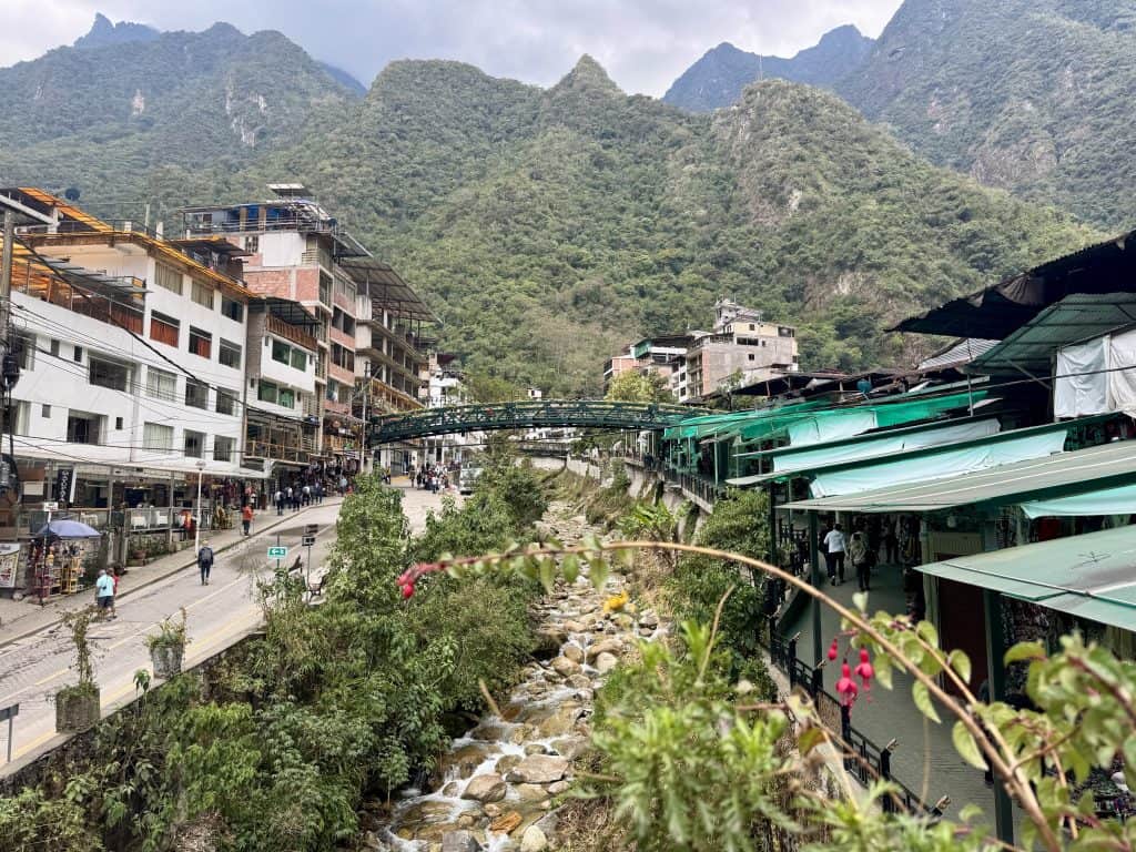 Mountain village with river walkway